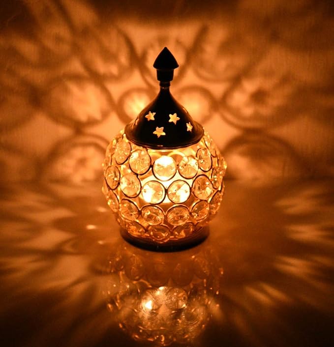 Akhand Diya Diyas Decorative Brass Crystal Oil Lamp, Diwali Decoration Item - Lantern Oval Shape Diwali Gifts Home Decor Puja Lamp Tea Light Holder