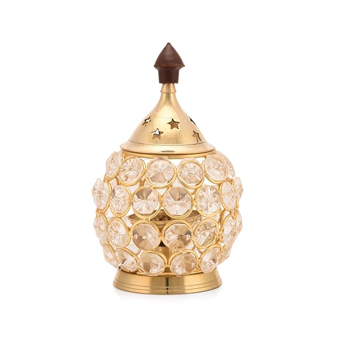 Akhand Diya Diyas Decorative Brass Crystal Oil Lamp, Diwali Decoration Item - Lantern Oval Shape Diwali Gifts Home Decor Puja Lamp Tea Light Holder