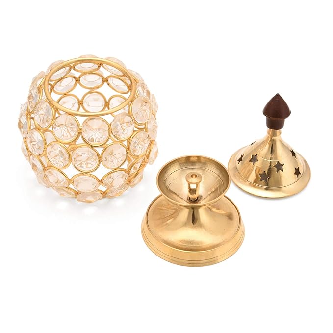 Akhand Diya Diyas Decorative Brass Crystal Oil Lamp, Diwali Decoration Item - Lantern Oval Shape Diwali Gifts Home Decor Puja Lamp Tea Light Holder