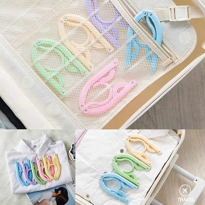 Portable Folding Clothes Hanger Set of 6 Pcs | Foldable Clothes Drying Rack | Retractable, Non Slip, Foldable Plastic Travel Hanger | Pack of 6 Pcs | Color May Vary