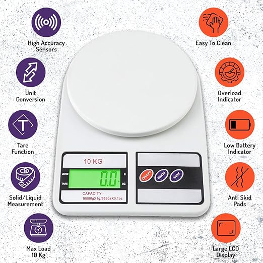 Digital Kitchen Food Weighing Scale For Healthy Living, Home Baking, Cooking, Fitness & Balanced Diet. | 1 Year Warranty | 10Kg x 1gms with 2 Batteries Included, SF400/A121