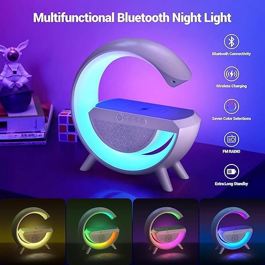 G-Shape Bluetooth Speaker with FM Radio RGB Light Table Lamp Wireless Charger