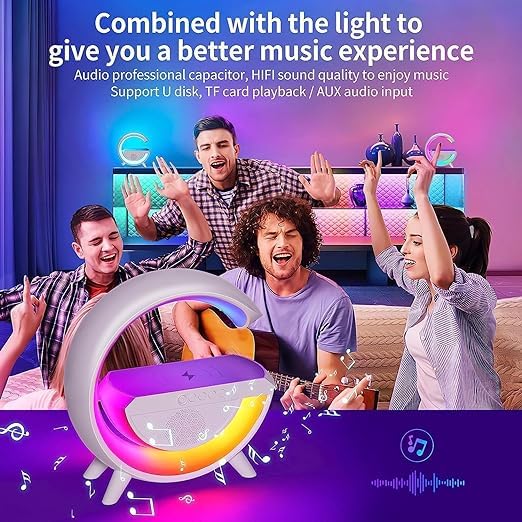 G-Shape Bluetooth Speaker with FM Radio RGB Light Table Lamp Wireless Charger