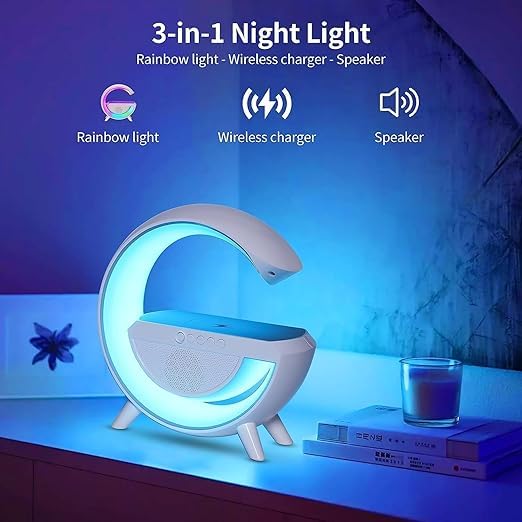 G-Shape Bluetooth Speaker with FM Radio RGB Light Table Lamp Wireless Charger