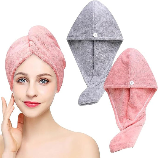 Cotton Quick Absorbent Hair Drying Magic Hair Towel Wrap Hair Wrapper Dryer Soft Microfiber Turban Head Towel Cap for Women (Pack of 2- Multi Color)