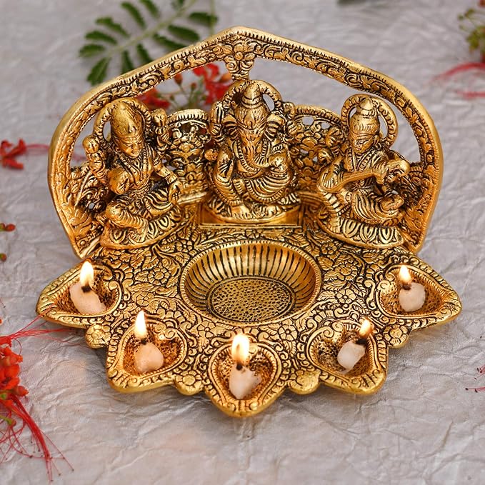 Collectible India Laxmi Ganesh Saraswati Idol Diya Oil Lamp Deepak - Metal Lakshmi Ganesha Showpiece Statue - Traditional Diya for Diwali Puja - Diwali Home Decoration Items Gifts