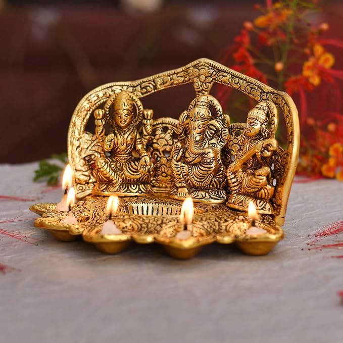 Collectible India Laxmi Ganesh Saraswati Idol Diya Oil Lamp Deepak - Metal Lakshmi Ganesha Showpiece Statue - Traditional Diya for Diwali Puja - Diwali Home Decoration Items Gifts