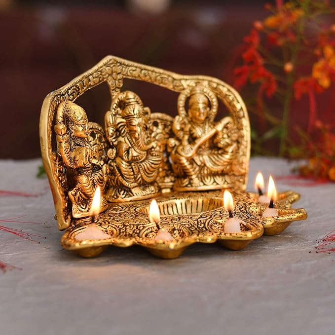 Collectible India Laxmi Ganesh Saraswati Idol Diya Oil Lamp Deepak - Metal Lakshmi Ganesha Showpiece Statue - Traditional Diya for Diwali Puja - Diwali Home Decoration Items Gifts