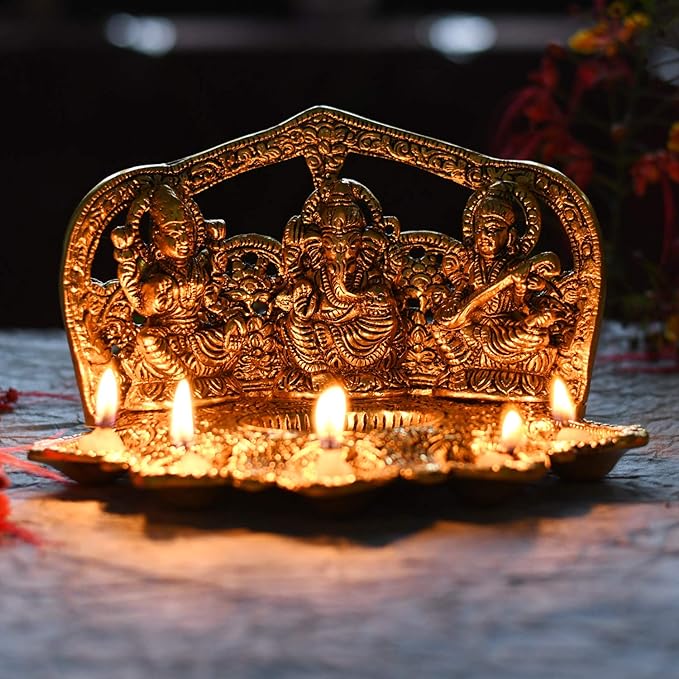 Collectible India Laxmi Ganesh Saraswati Idol Diya Oil Lamp Deepak - Metal Lakshmi Ganesha Showpiece Statue - Traditional Diya for Diwali Puja - Diwali Home Decoration Items Gifts