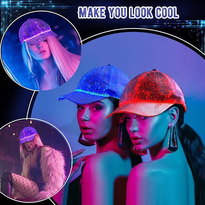 LED Hat Light up Baseball Cap 7 Colors Luminous LED Light Baseball Cap Flash Glow Hat Fiber Optic Cap for Men Women Glow in Dark Party Supplies, White, One Size