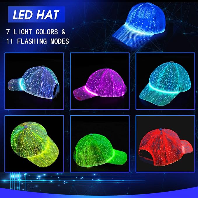 LED Hat Light up Baseball Cap 7 Colors Luminous LED Light Baseball Cap Flash Glow Hat Fiber Optic Cap for Men Women Glow in Dark Party Supplies, White, One Size