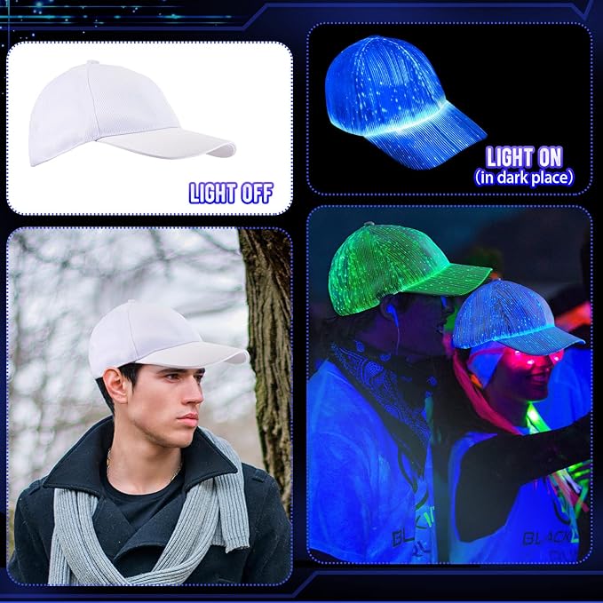 LED Hat Light up Baseball Cap 7 Colors Luminous LED Light Baseball Cap Flash Glow Hat Fiber Optic Cap for Men Women Glow in Dark Party Supplies, White, One Size