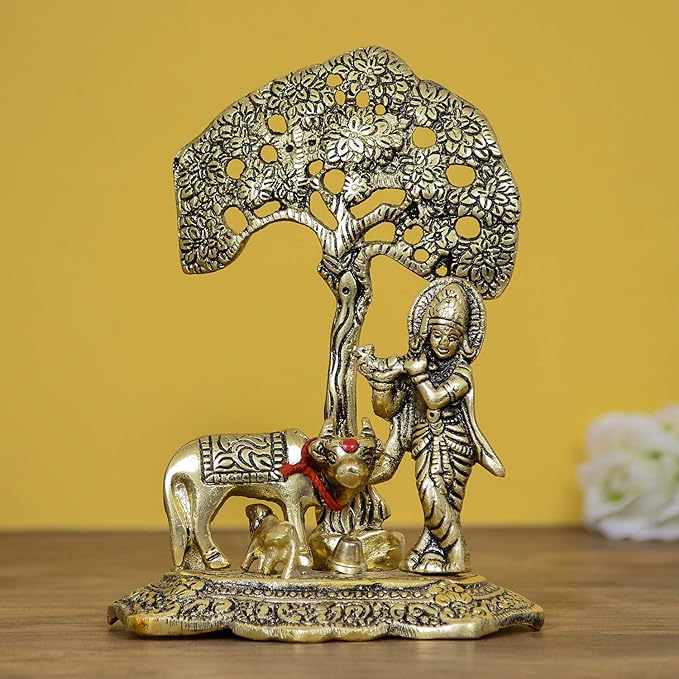 Lord Krishna Playing Flute Under Tree with Golden Cow and Calf Showpiece