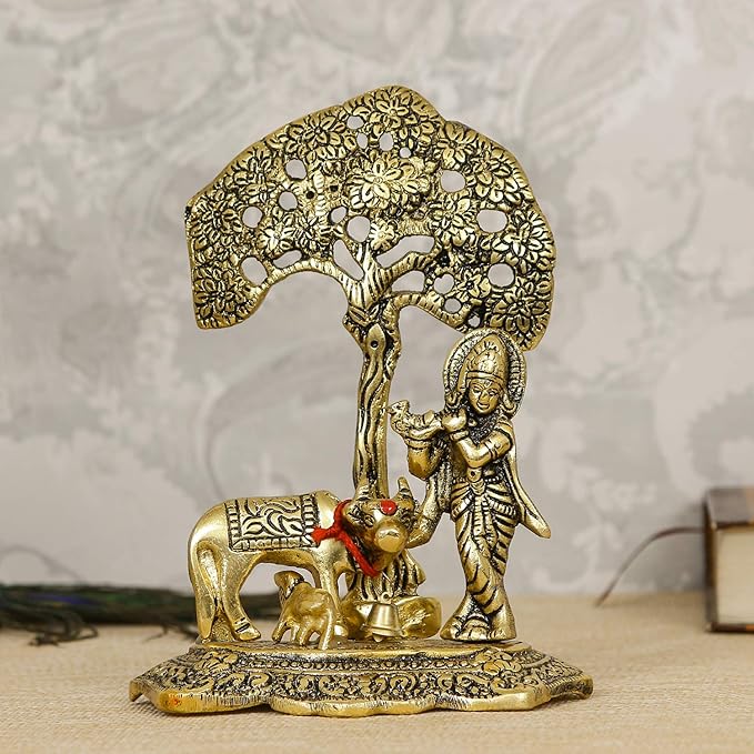 Lord Krishna Playing Flute Under Tree with Golden Cow and Calf Showpiece