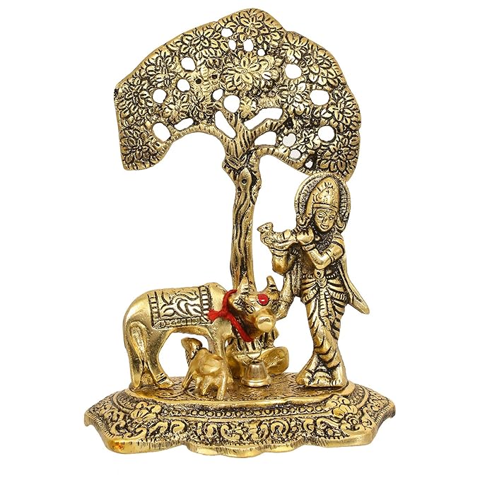 Lord Krishna Playing Flute Under Tree with Golden Cow and Calf Showpiece