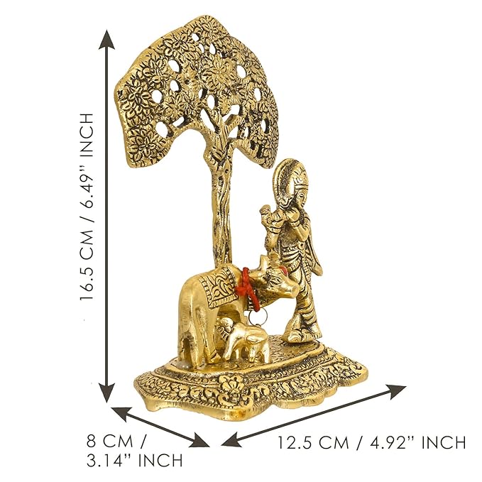 Lord Krishna Playing Flute Under Tree with Golden Cow and Calf Showpiece