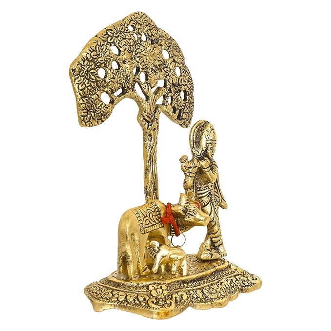 Lord Krishna Playing Flute Under Tree with Golden Cow and Calf Showpiece