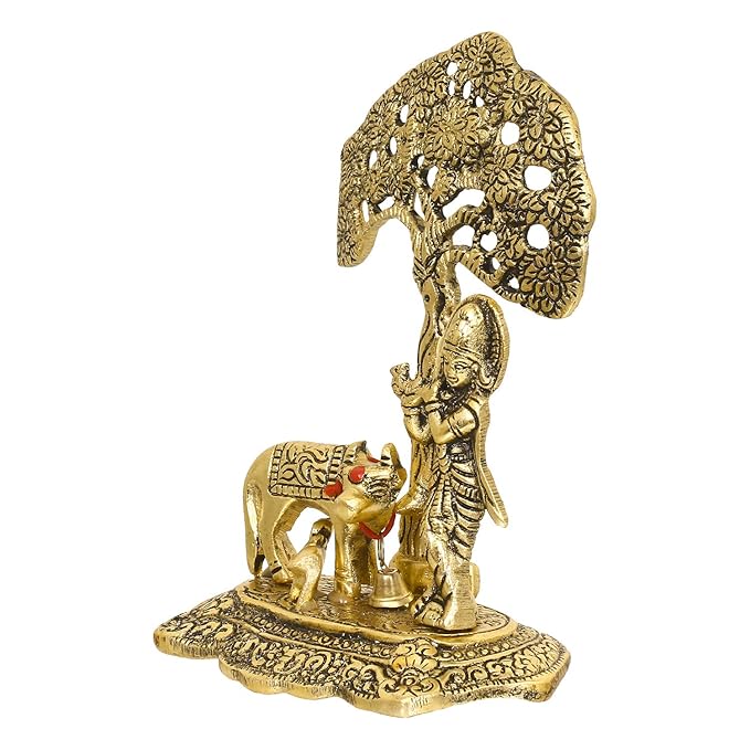 Lord Krishna Playing Flute Under Tree with Golden Cow and Calf Showpiece