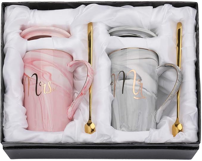 Ceramic Marble Finish Coffee Mug With Lid & Spoon For Anniversary Wedding Engagement Valentine Gifts For Couple 380 ML