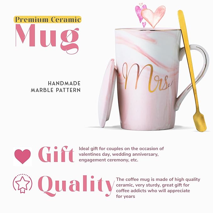 Ceramic Marble Finish Coffee Mug With Lid & Spoon For Anniversary Wedding Engagement Valentine Gifts For Couple 380 ML