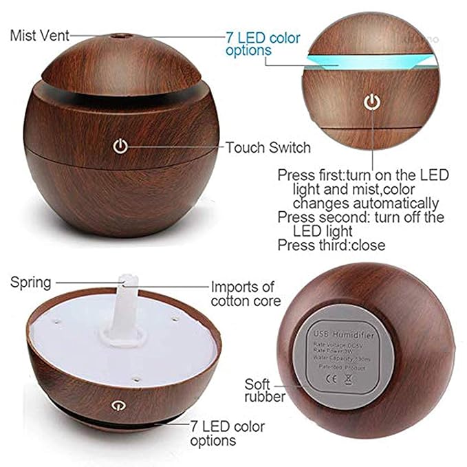 Magic Wooden Round Cool Mist Humidifiers Essential Oil Diffuser Aroma Air Humidifier with Led Night Light Colorful Change for Car, Office, humidifiers for home, air humidifier for room(Multi)