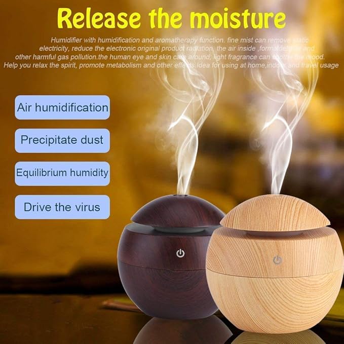 Magic Wooden Round Cool Mist Humidifiers Essential Oil Diffuser Aroma Air Humidifier with Led Night Light Colorful Change for Car, Office, humidifiers for home, air humidifier for room(Multi)