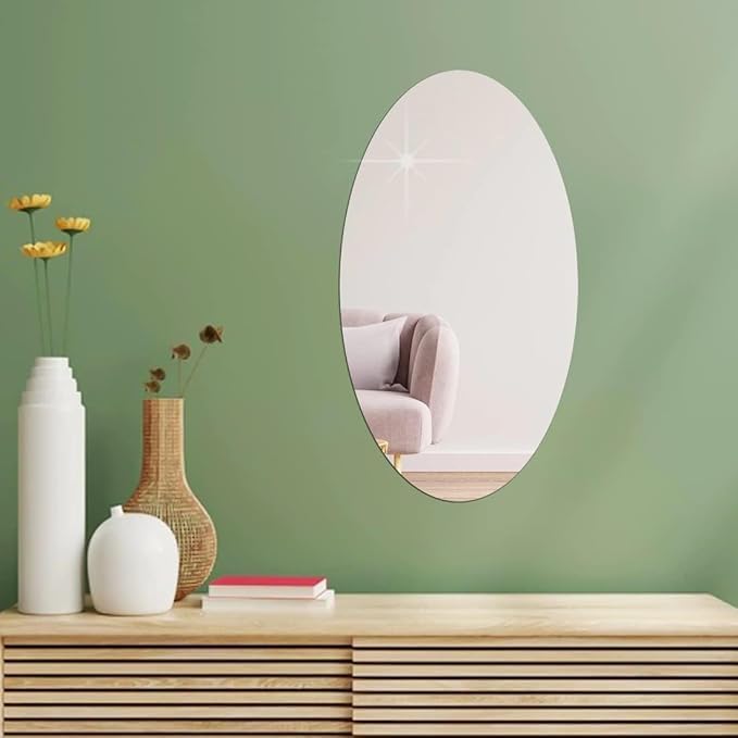 Oval Shape Adhesive Mirror Sticker for Wall On Tiles Bathroom Bedroom Living Room Unbreakable Plastic Wall Mirror