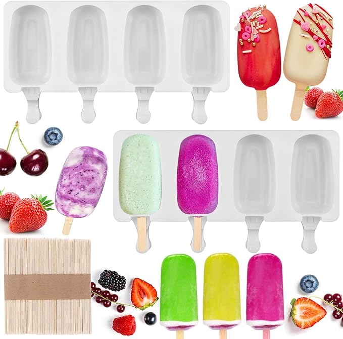 Popsicle Molds Set of 1, Ice Pop Molds Silicone 4 Cavities Cake Pop Mold with 50 Wooden Sticks for DIY Ice Cream (Set of 1)