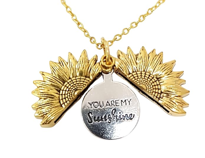 You are My Sunshine Engraved Hidden Message Sunflower Pendant Sun Necklace Locket for Women