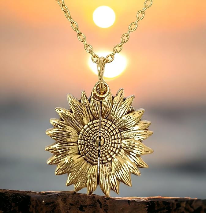 You are My Sunshine Engraved Hidden Message Sunflower Pendant Sun Necklace Locket for Women