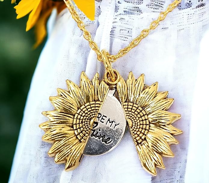 You are My Sunshine Engraved Hidden Message Sunflower Pendant Sun Necklace Locket for Women