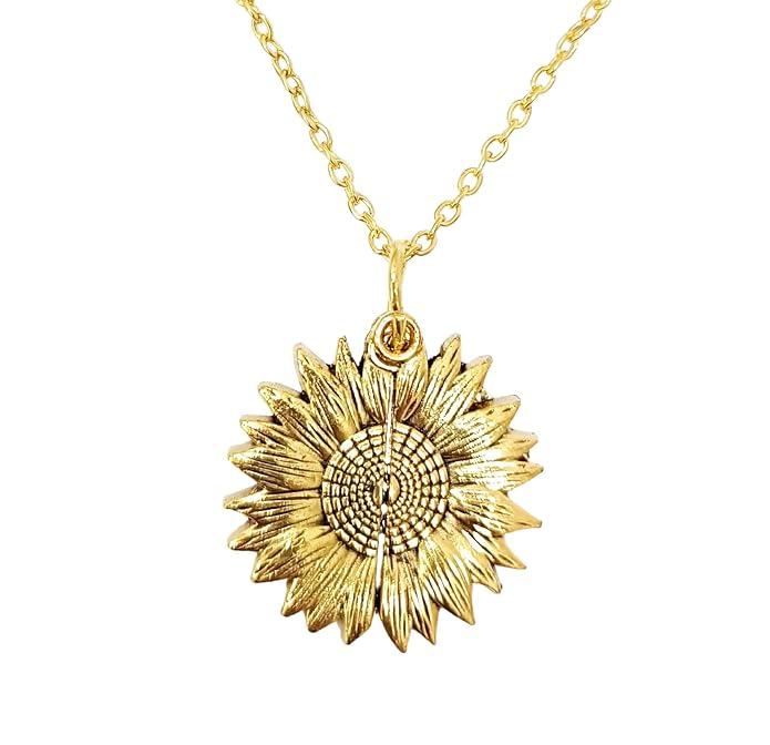 You are My Sunshine Engraved Hidden Message Sunflower Pendant Sun Necklace Locket for Women