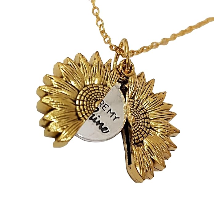 You are My Sunshine Engraved Hidden Message Sunflower Pendant Sun Necklace Locket for Women