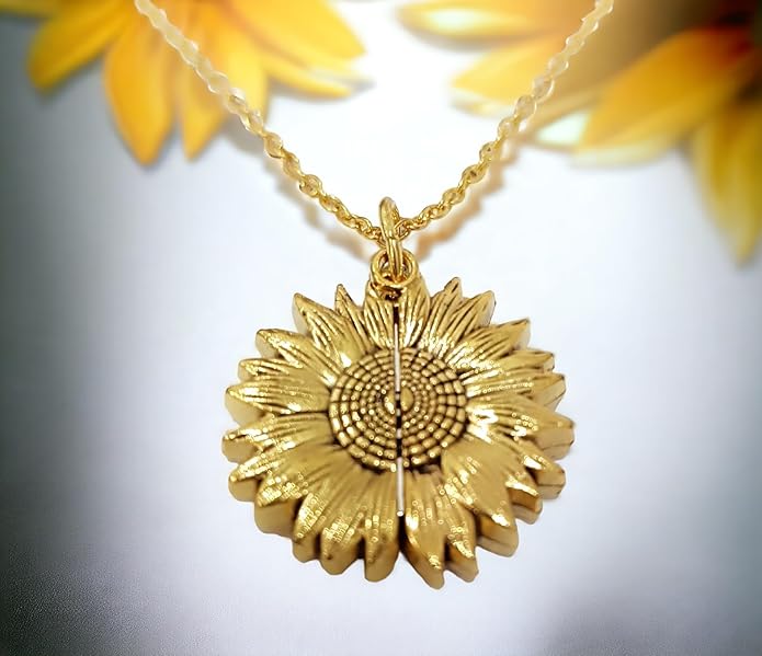 You are My Sunshine Engraved Hidden Message Sunflower Pendant Sun Necklace Locket for Women