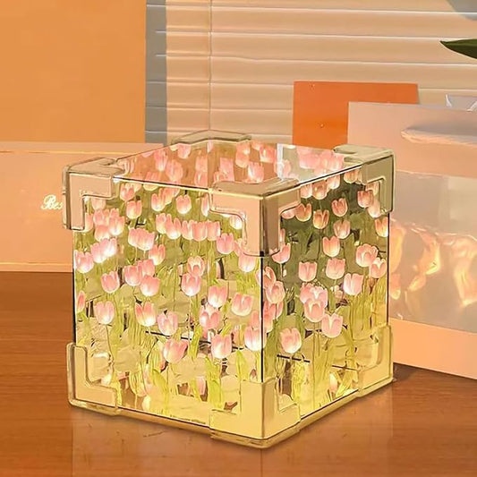 DIY Tulips Cube Mirror Lamp,30 Flowers LED Decorative Lamp,2 in 1 Handmade DIY Tulip Flower Magic Cube Mirror Light Decoration Ornaments for Bedroom Livingroom Birthday Gift (Pink)