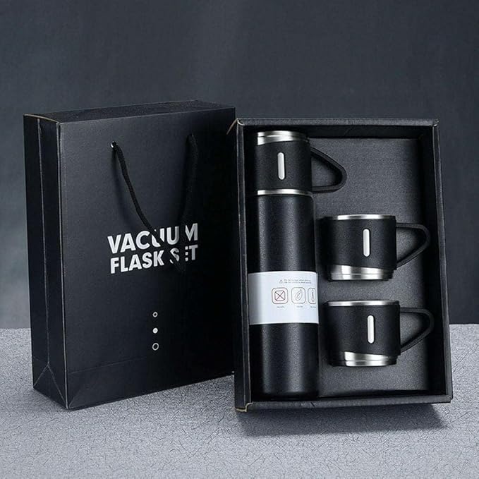 Vacuum Flask Set with 2 Cups, Double Wall Stainless Steel Thermo