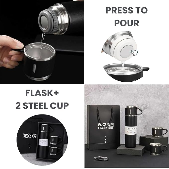 Vacuum Flask Set with 2 Cups, Double Wall Stainless Steel Thermo