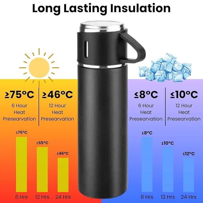 Vacuum Flask Set with 2 Cups, Double Wall Stainless Steel Thermo