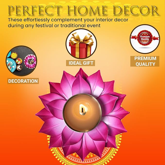 Decorative India Brass and Metal Lotus Pink Design Diya for Puja Home Decoration Item Gift, Specially Made for Diwali Gifting.